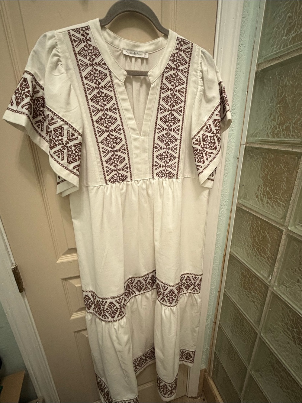 Ivory/Brown Embroidered Boho Midi Dress by See and Be Seen in Medium